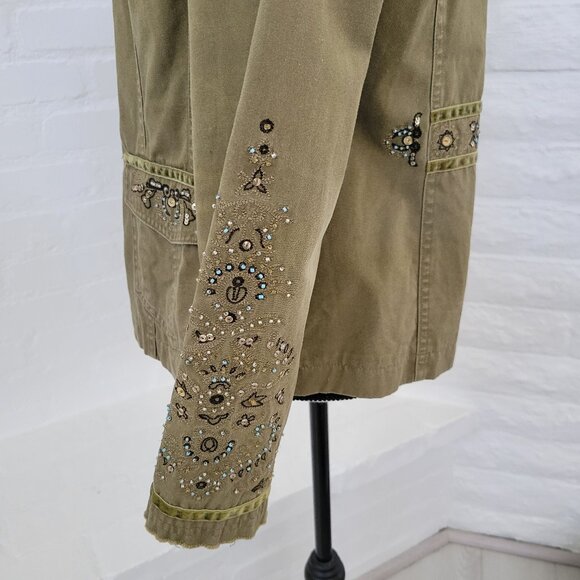 Womens Jacket Blazer Coat Small Army Green Boho Beaded Button Cotton Utility - Picture 6 of 9